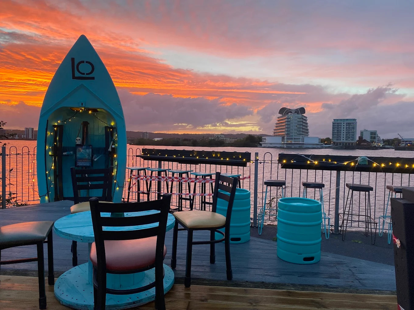 Lo Lounge waterfront at sunset, Cardiff Bay